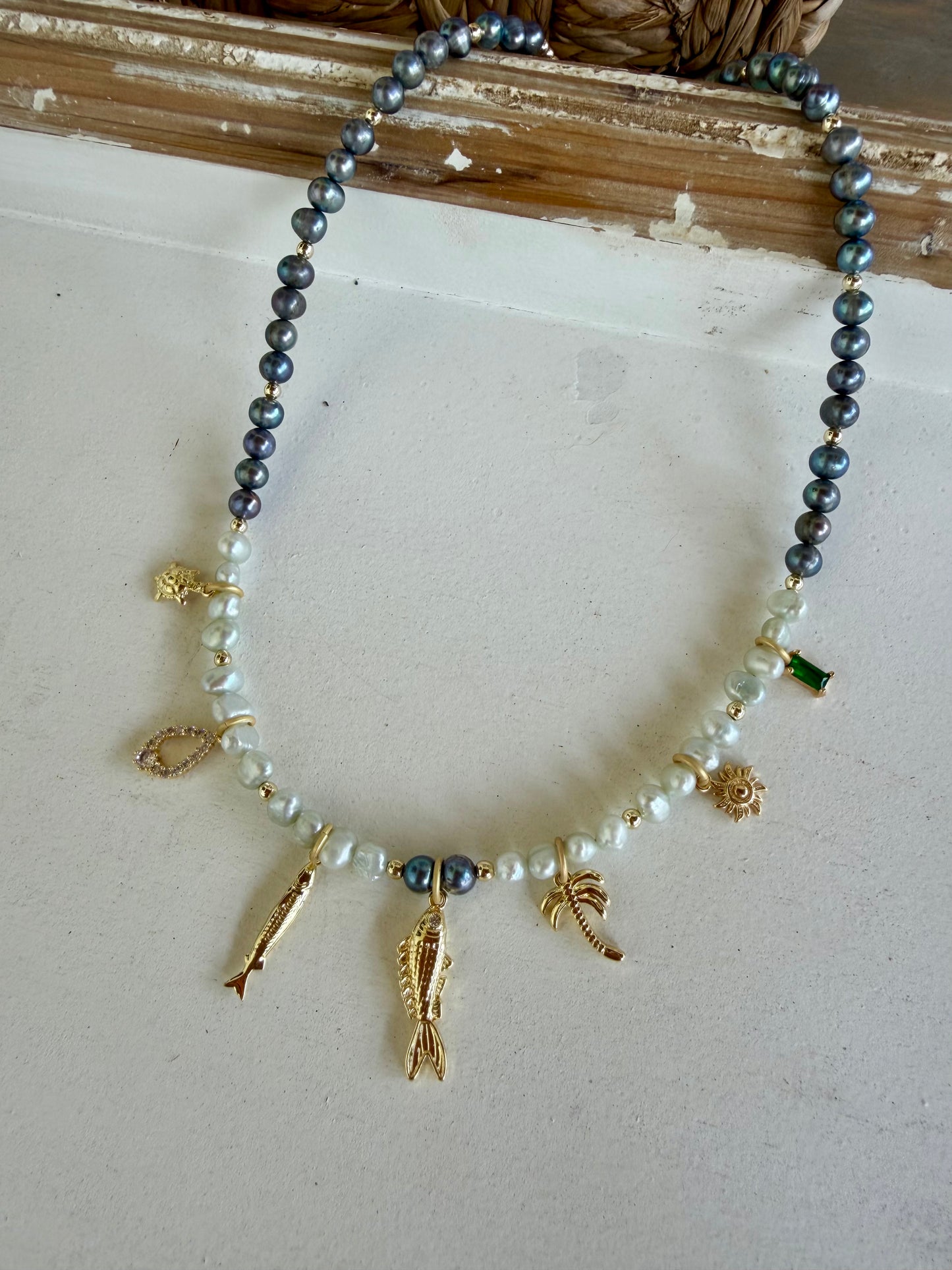 “Midnight Charmer” Freshwater Pearl Charm Necklace