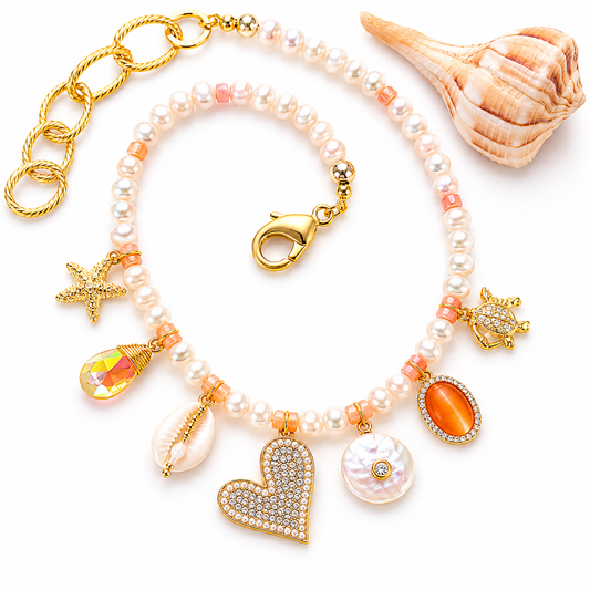 “The Peach Wave” Freshwater Pearl Charm Necklace